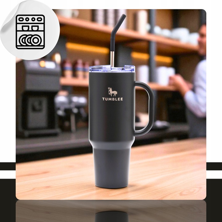 DUŻY Kubek Termiczny ze STALOWĄ SŁOMKĄ do Auta na Kawę Herbatę Zimne Napoje