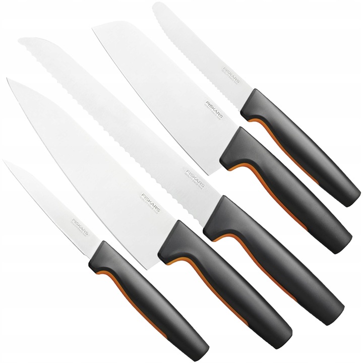 FISKARS ZESTAW KOMPLET NOŻY 5x NÓŻ SZEFA KUCHNI DO CHLEBA OBIERANIA WARZYW