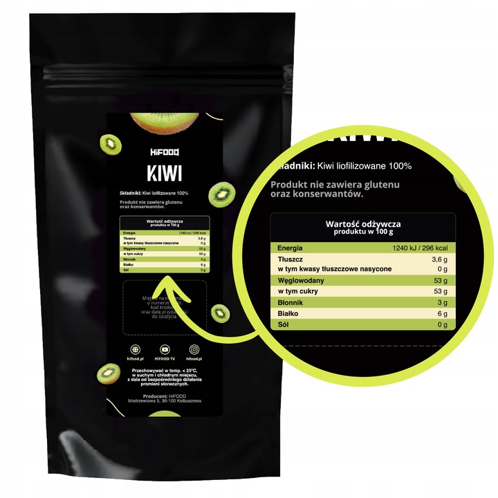 KIWI LIOFILIZOWANE 100g plastry HiFOOD Bez skóry Wysoka Jakość