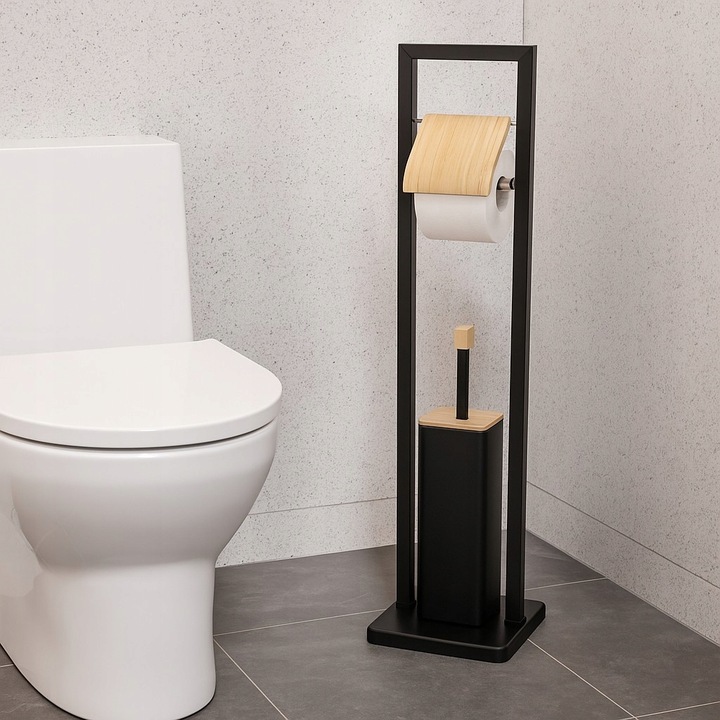 Stojak na papier toaletowy z uchwytem i szczotką do wc czarny bambus