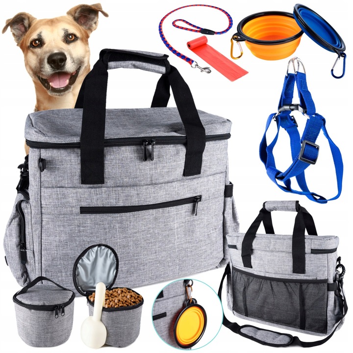Torba podróżna dla psa miski pojemniki smycz worki