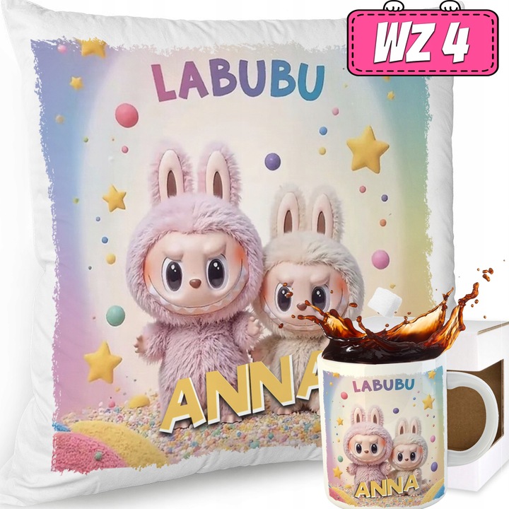 ZESTAW PODUSZKA KUBEK SŁODKI POTWOREK LABUBU LALKA WZORY PREZENT IMIĘ