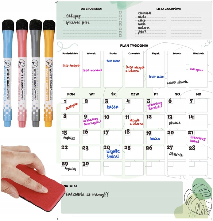 PLANER TABLICA NA LODÓWKĘ MAGNETYCZNA ORGANIZER NOTATNIK 4xPISAKI