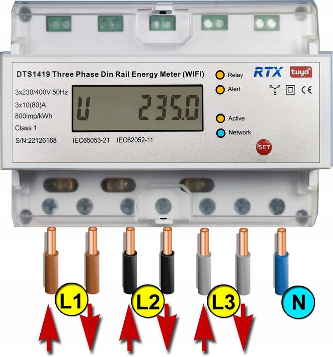 Licznik Miernik Energii Prądu 3 Fazy do 80A TUYA WiFi DIN 2-kierunkowy