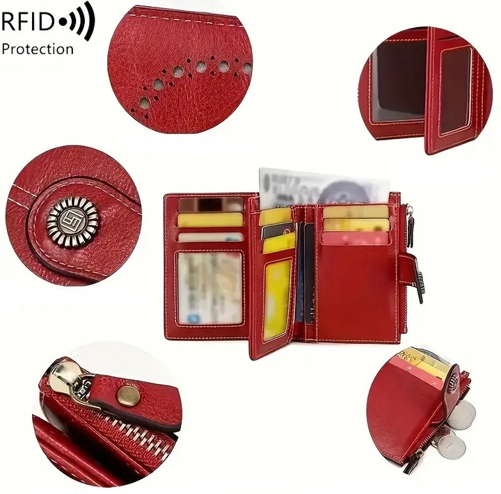 PORTFEL DAMSKI ELEGANCKI MAŁY POJEMNY NA KARTY RFID Z PASKIEM CZERWONY