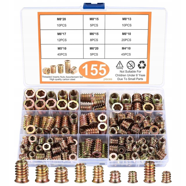 MUFA DWUGWINTOWA DO DREWNA WKRĘT WPUSTKA M4/M5/M6/M8 ZESTAW 155 SZTUK