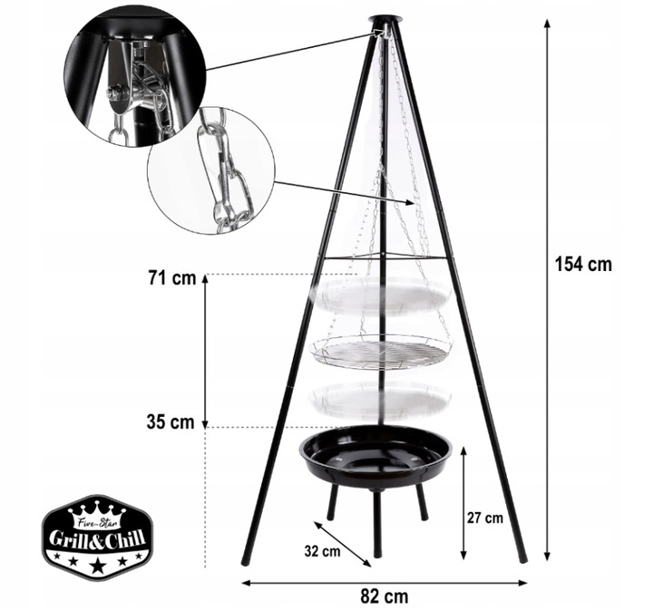 GRILL OGRODOWY WISZĄCY PALENISKO TRÓJNÓG DUŻY 50CM RUSZT + MATY WĘGLOWY