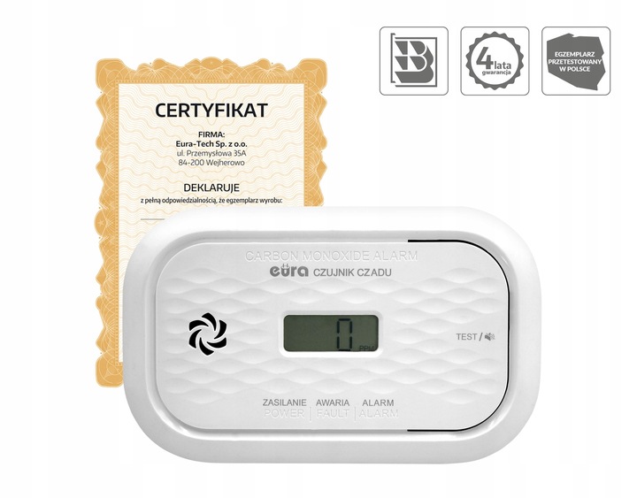 Markowy czujnik tlenku węgla EURA certyfikowany w CNBOP, rok produkcji