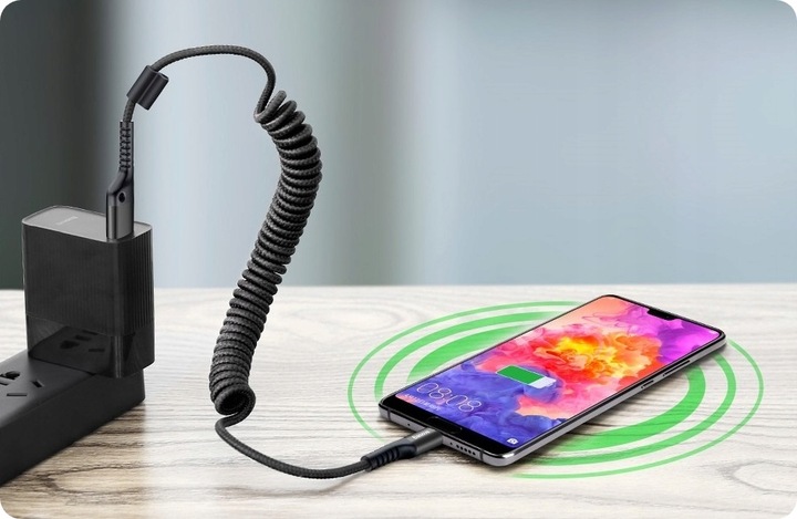 BASEUS MOCNY KABEL SPIRALNY SPRĘŻYNKA USB USB-C TYP-C PRZEWÓD OPLOT 2A 1M