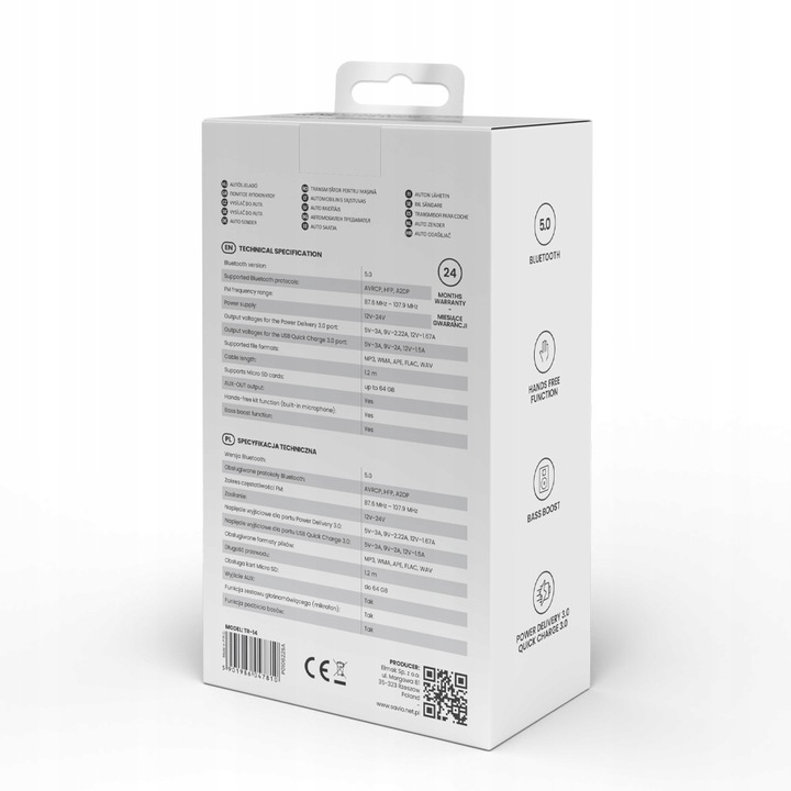 Transmiter FM Bluetooth Ładowarka USB QC SAVIO TR-14 Zestaw