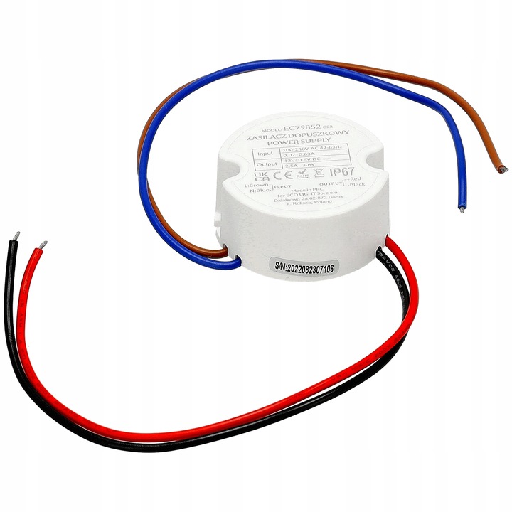 Zasilacz Transformator LED 12V 30W 2,5A Do Puszki FI60 IP67 Dopuszkowy