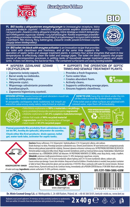 KRET BIO Zawieszka Kostka do WC Toalet Barwiąca Wodę 2x40g Zestaw 4op