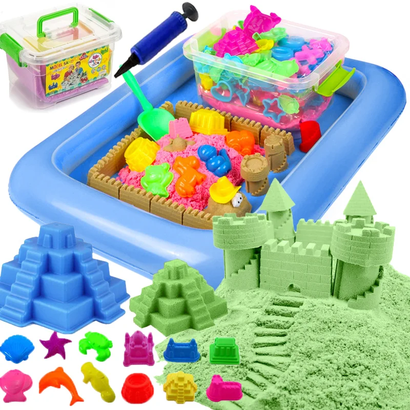 DUŻY ZIELONY PIASEK KINETYCZNY 2KG+BASEN FOREMKI PIASKOWNICA DLA DZIECI