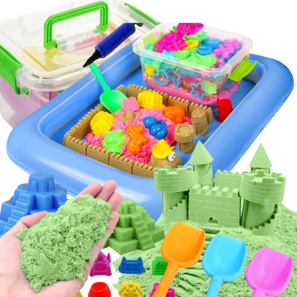 DUŻY ZIELONY PIASEK KINETYCZNY 2KG+BASEN FOREMKI PIASKOWNICA DLA DZIECI