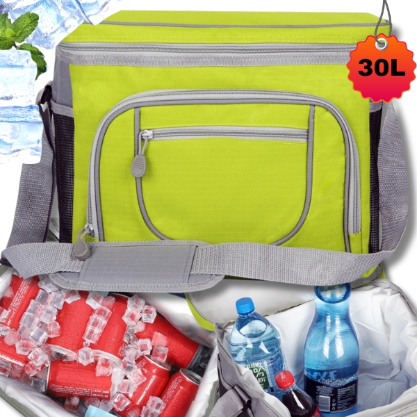 ZIELONA TORBA TERMICZNA IZOTERMICZNA 30L Z PASKIEM I KIESZONKAMI NA ŻYWNOŚĆ