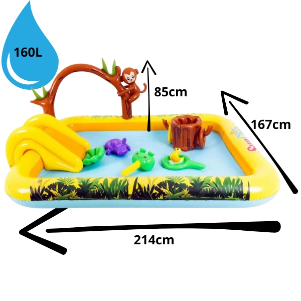 WODNY PLAC ZABAW DLA DZICIE BASEN ZE ZJEŻDŻALNIĄ MAŁPI GAJ DMUCHANY 160L