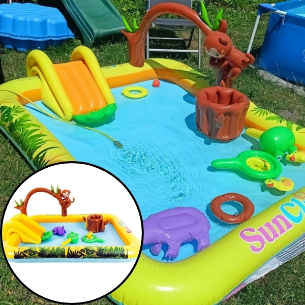 WODNY PLAC ZABAW DLA DZICIE BASEN ZE ZJEŻDŻALNIĄ MAŁPI GAJ DMUCHANY 160L