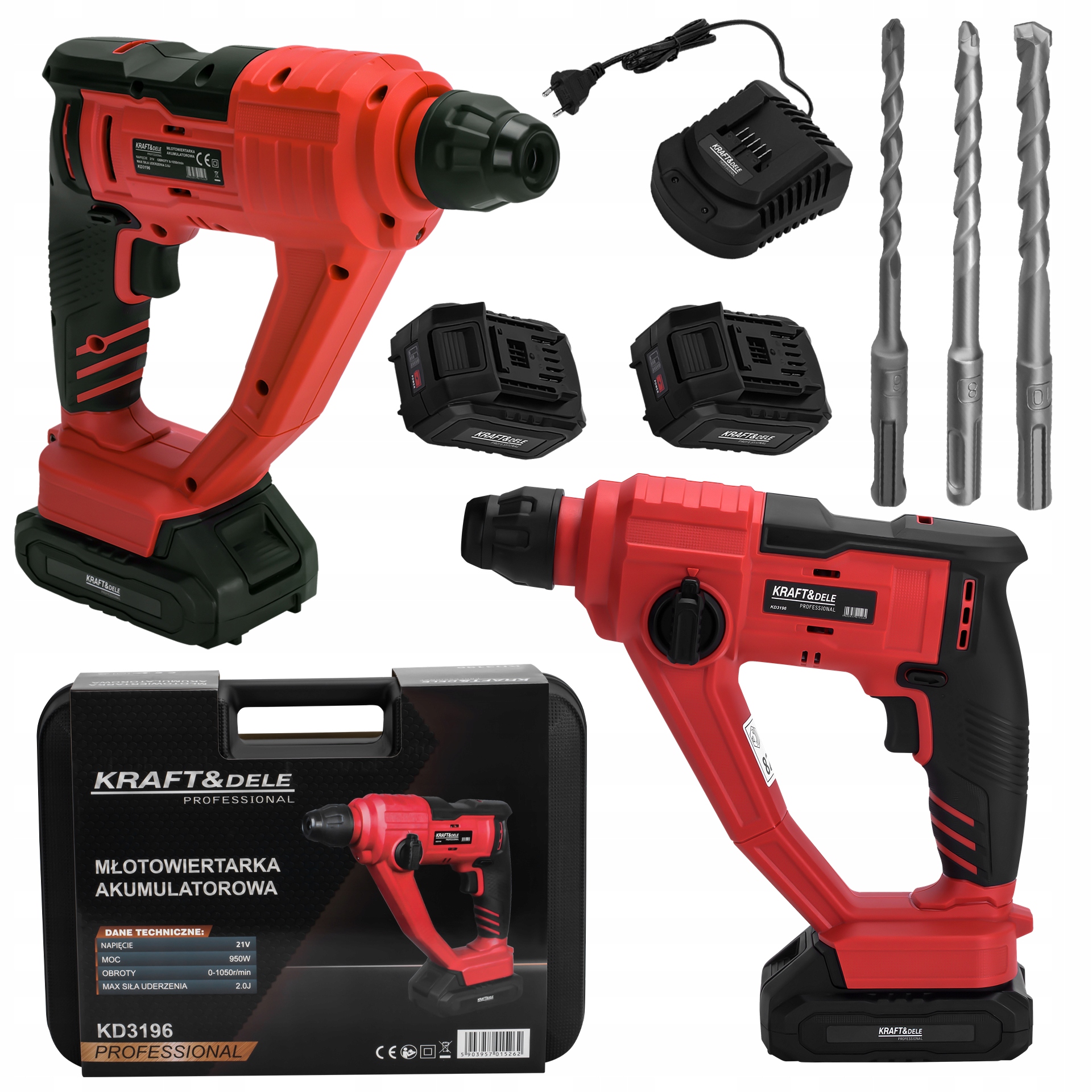 Młot Udarowy Bezszczotkowy 21V SDS Plus Akumulatorowy 2x 4Ah 2J Kraft&Dele
