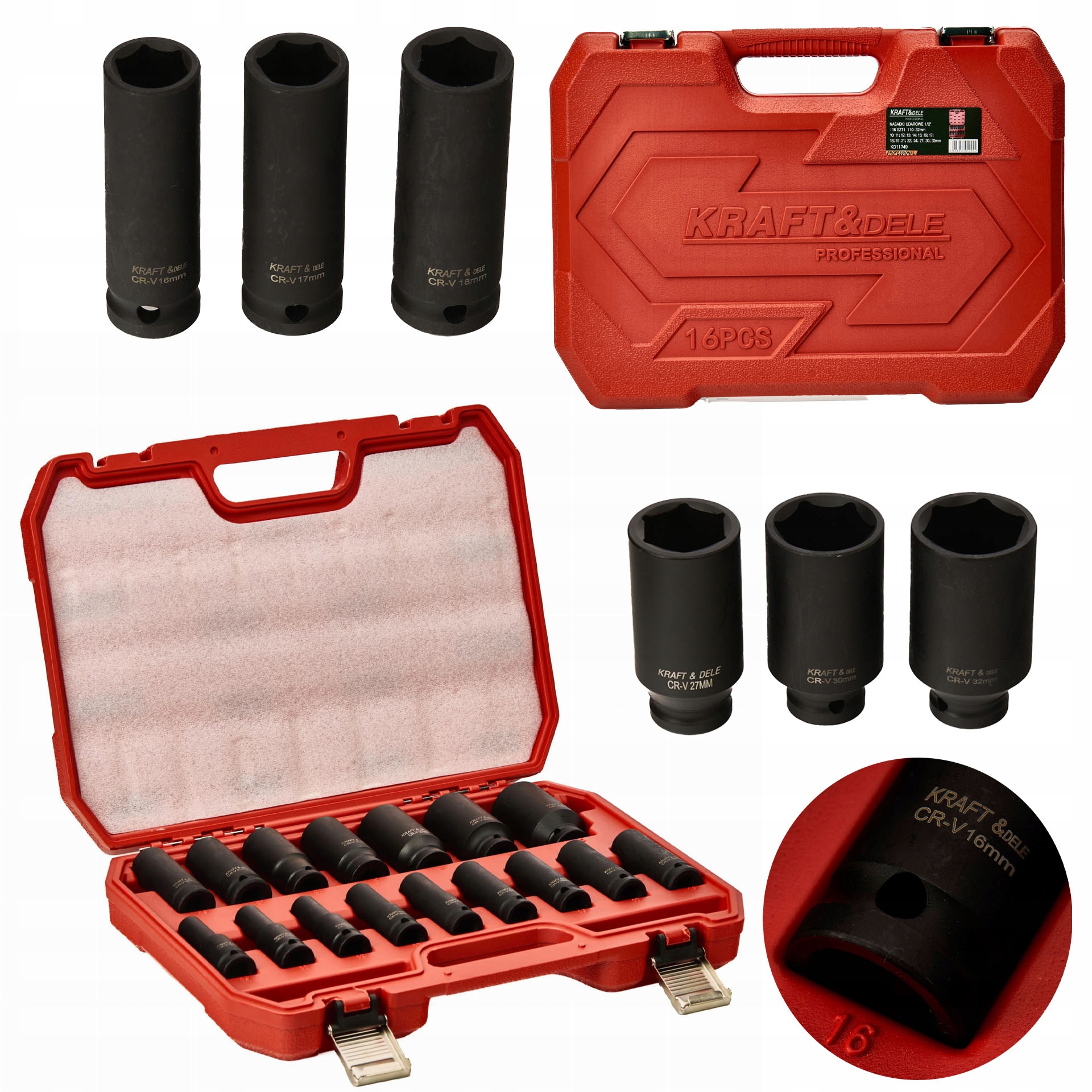 Nasadki Udarowe 1/2"" Cala 16 Sztuk 10-32 mm CR-V Walizka Kraft&Dele