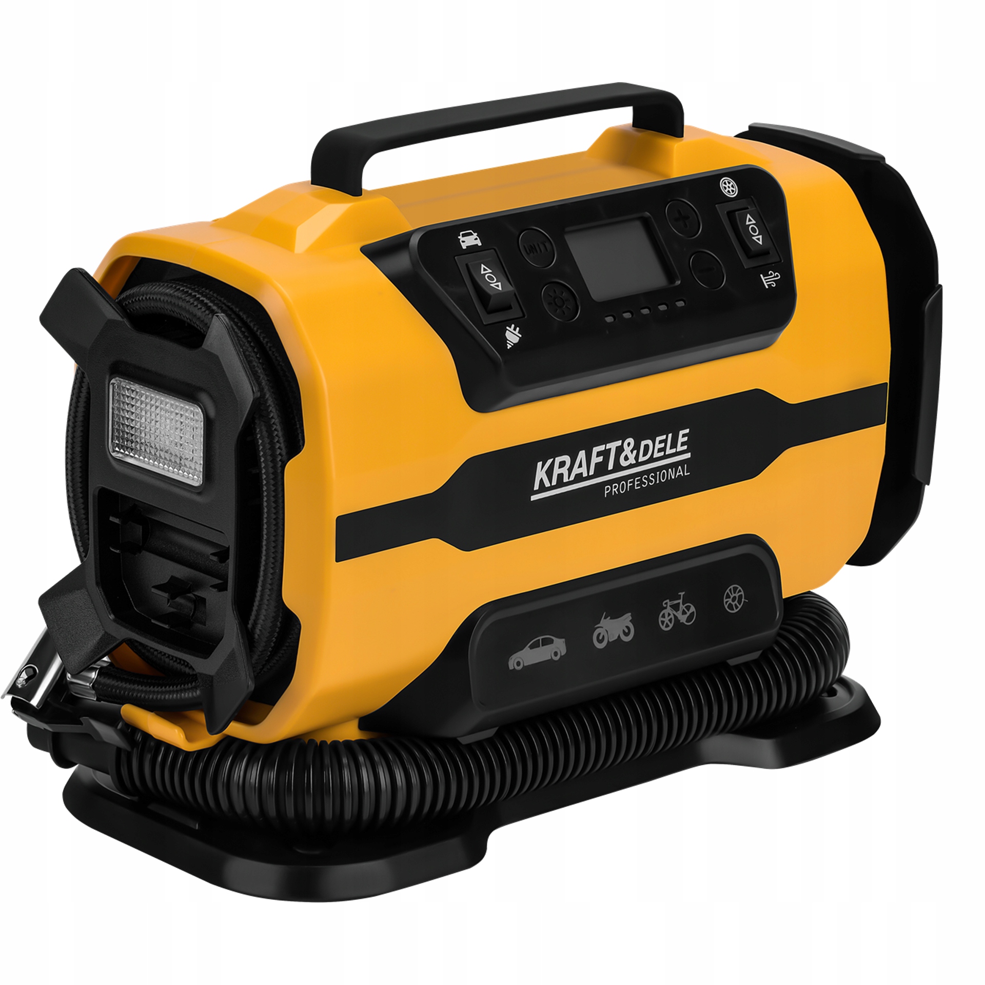 Kompresor Samochodowy Sieciowy LCD 12V 230V 140W 150 PSI 35l/min Kraft&Dele