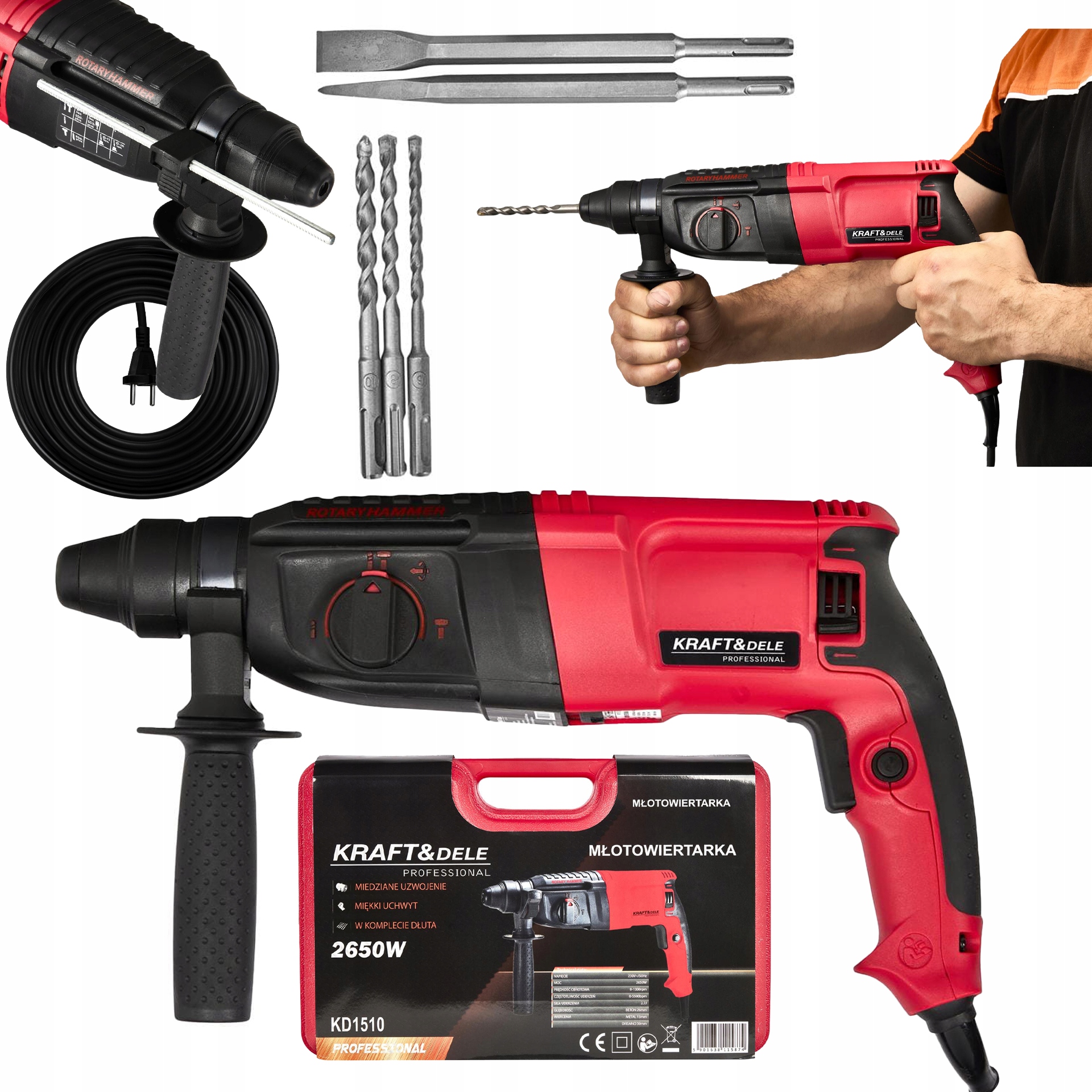 Młot Udarowy 2650W 230V SDS-PLUS 1300 RPM 5500/min Uderzeń 3w1 Kraft&Dele