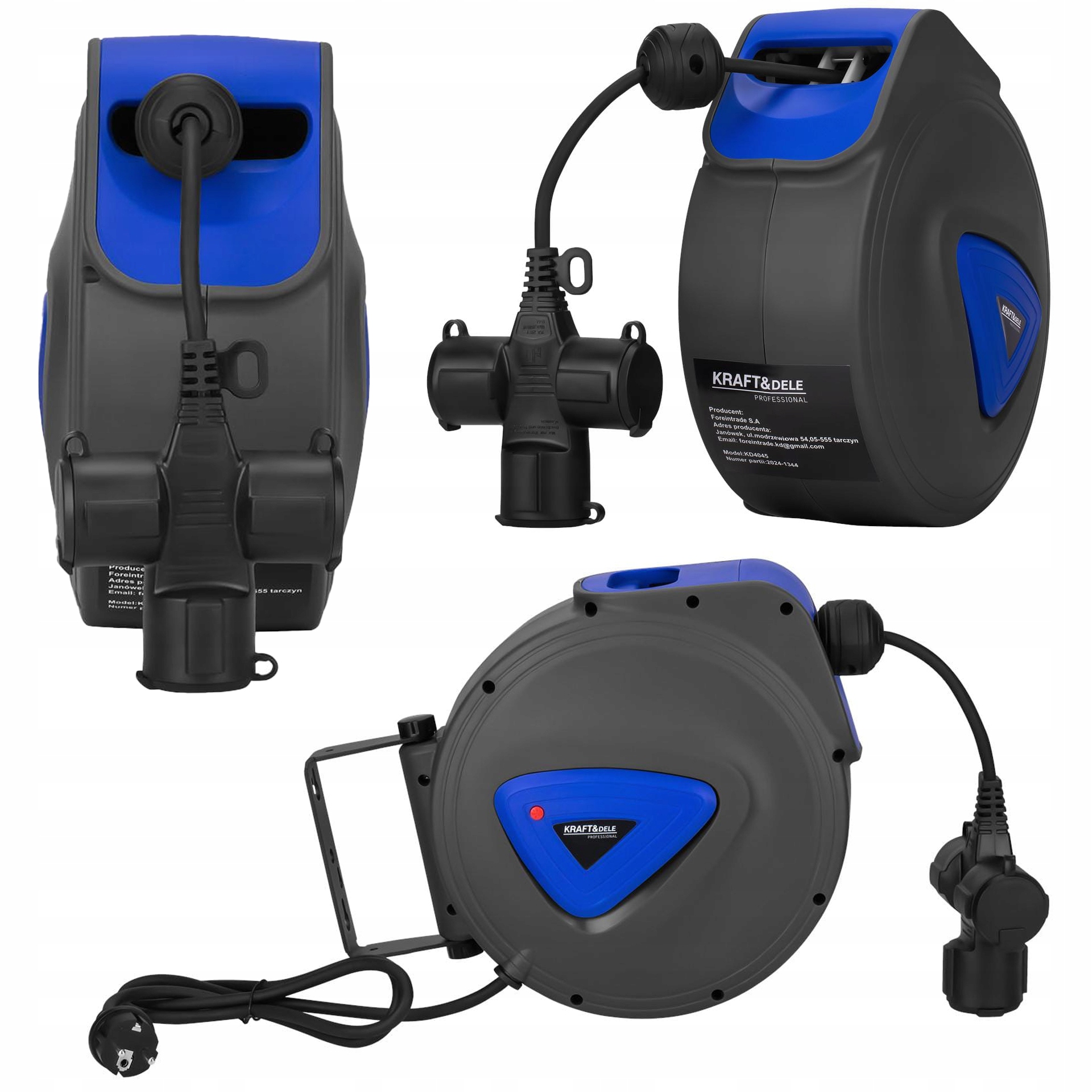 Przedłużacz Bębnowy Automatyczny Zwijacz Ścienny 180° 15m 3x Kraft&Dele