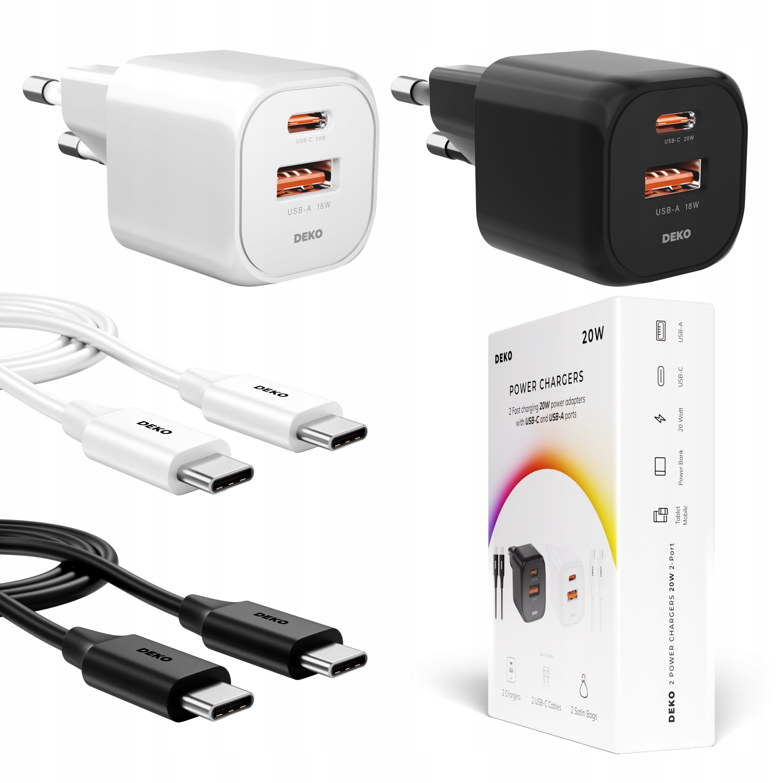2x SZYBKA ŁADOWARKA USB C DO TELEFONU UNIWERSALNA 20W + 2x KABEL USB C 100W