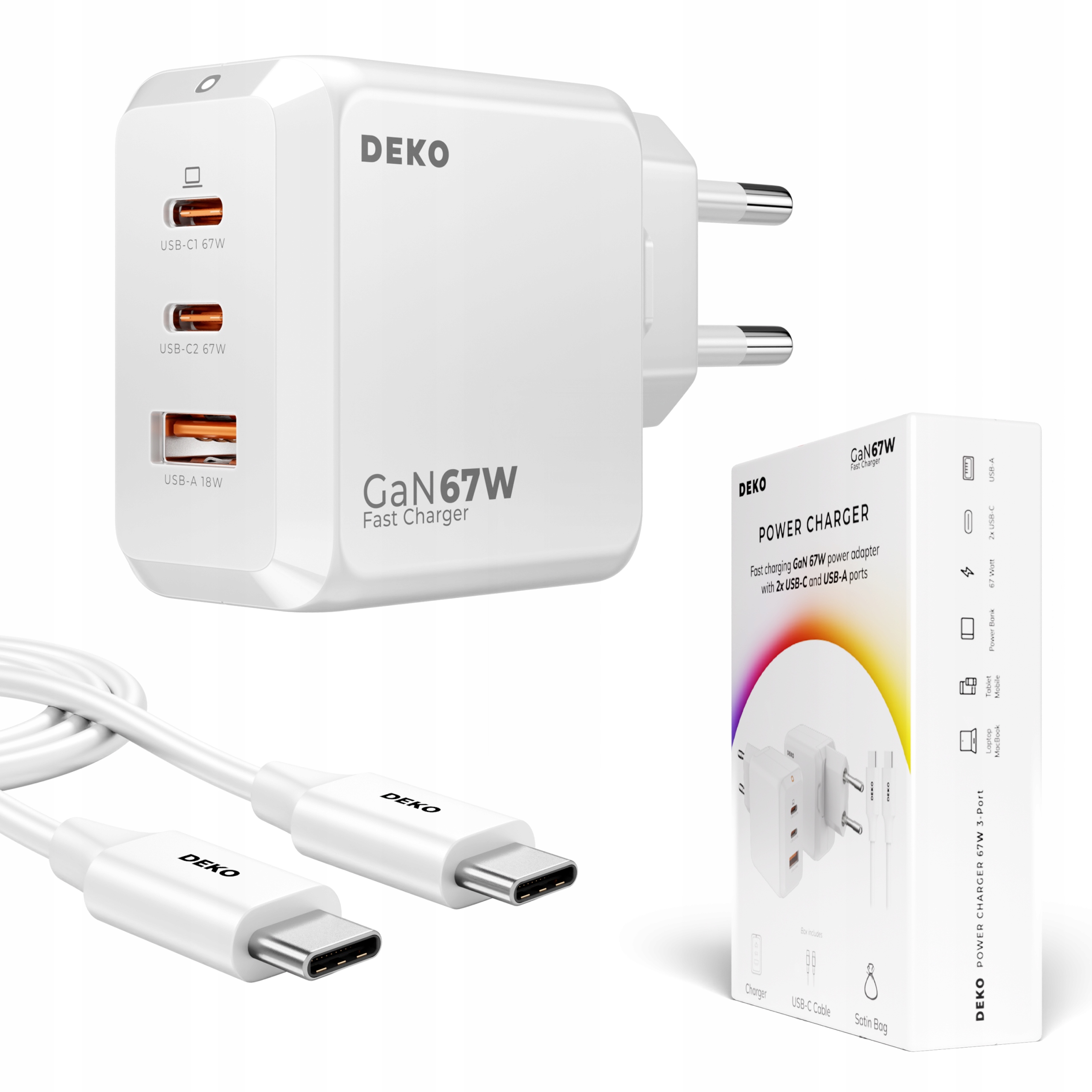 SZYBKA ŁADOWARKA USB C UNIWERSALNA 3x USB 67W 65W TYP C + KABEL USB C 100W