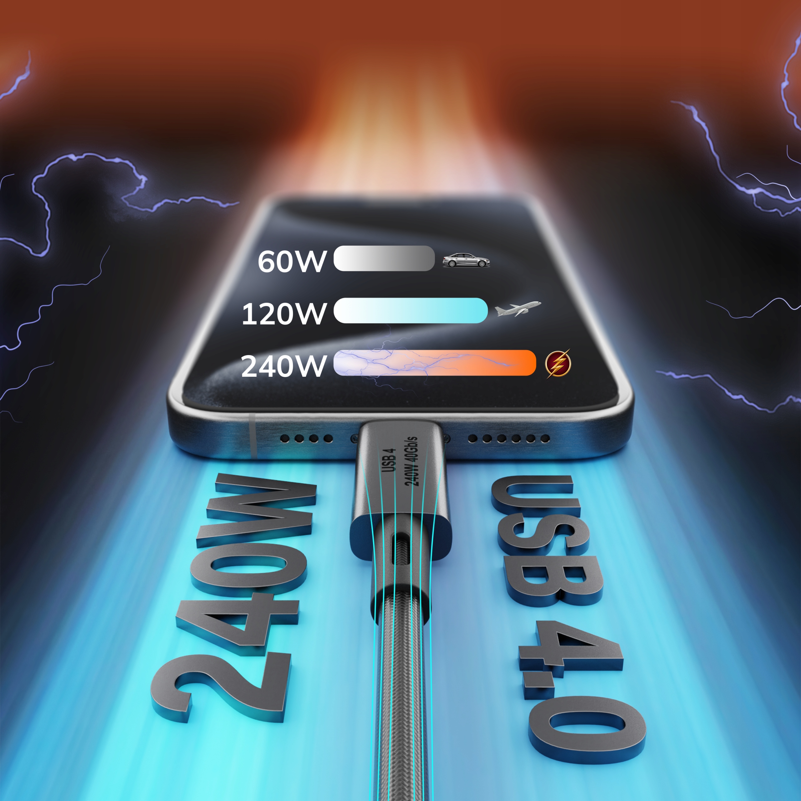 KABEL USB C SZYBKIE ŁADOWANIE USB TYP C DO APPLE Thunderbolt 240W USB4 50cm