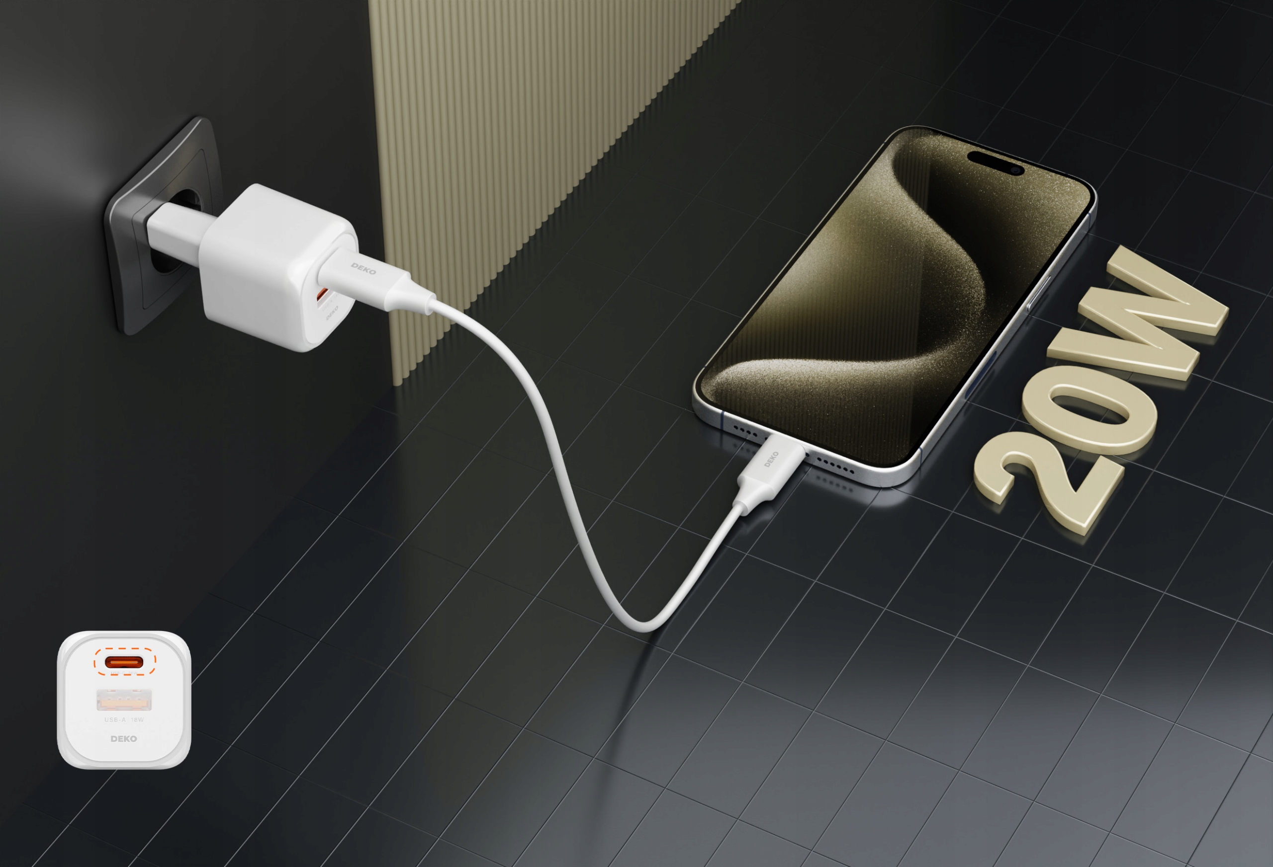 SZYBKA ŁADOWARKA USB C DO TELEFONU UNIWERSALNA 20W + KABEL USB C 100W BIAŁA