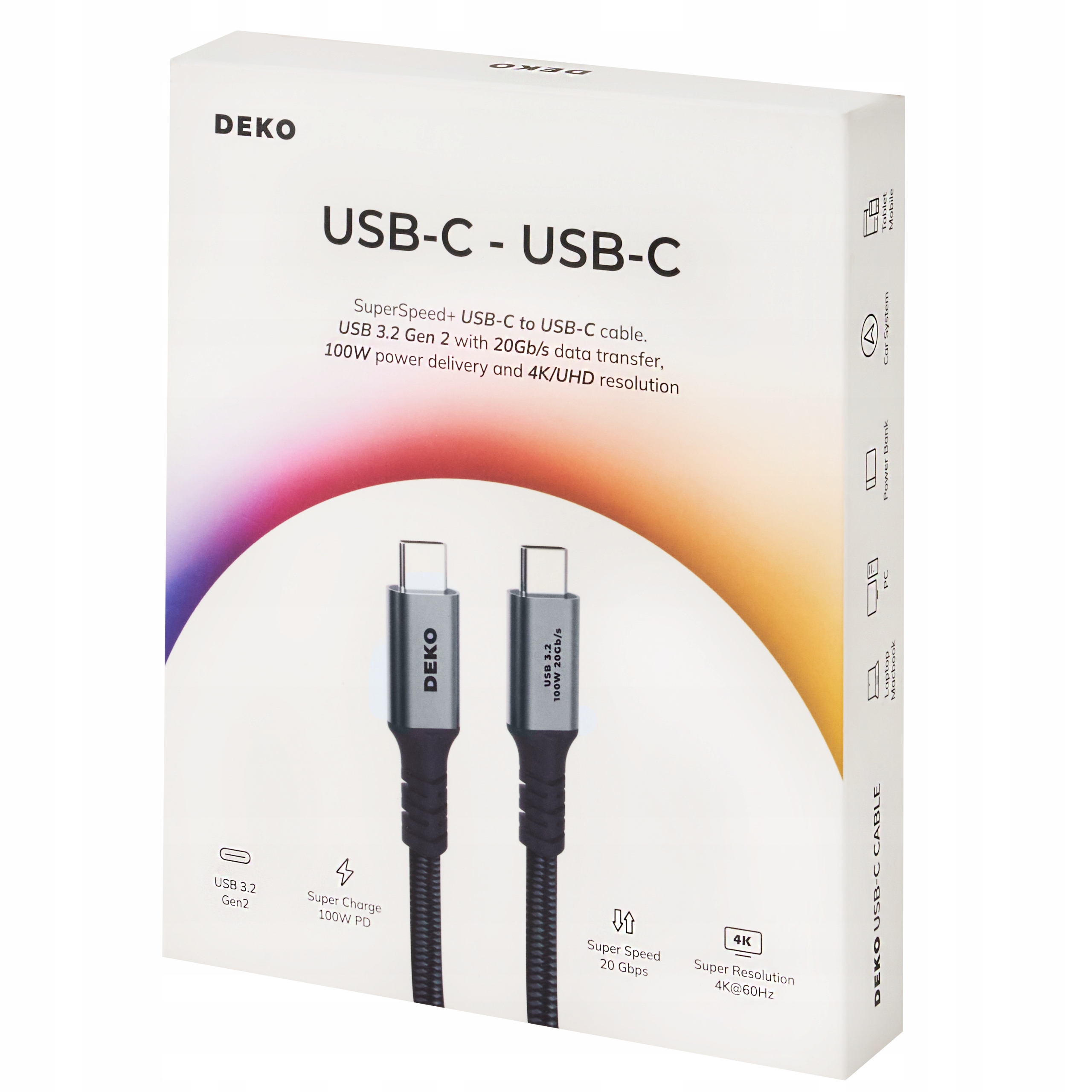 KABEL USB C SZYBKIE ŁADOWANIE 100W DO ANDROID AUTO TYP C USB3.2 KRÓTKI 0.3M