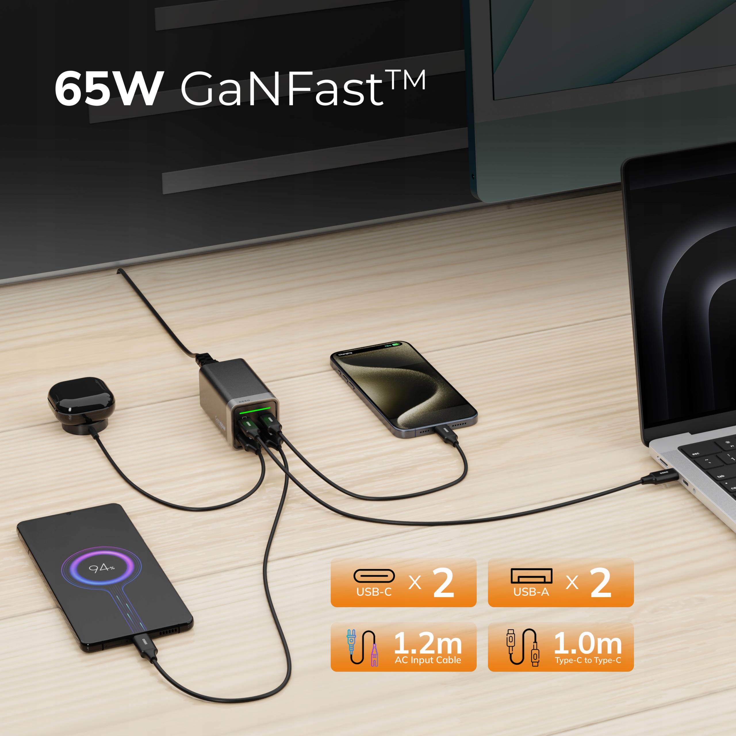 SZYBKA ŁADOWARKA NA BIURKO USB C 4x USB 65W TYP C + KABEL USB C 100W