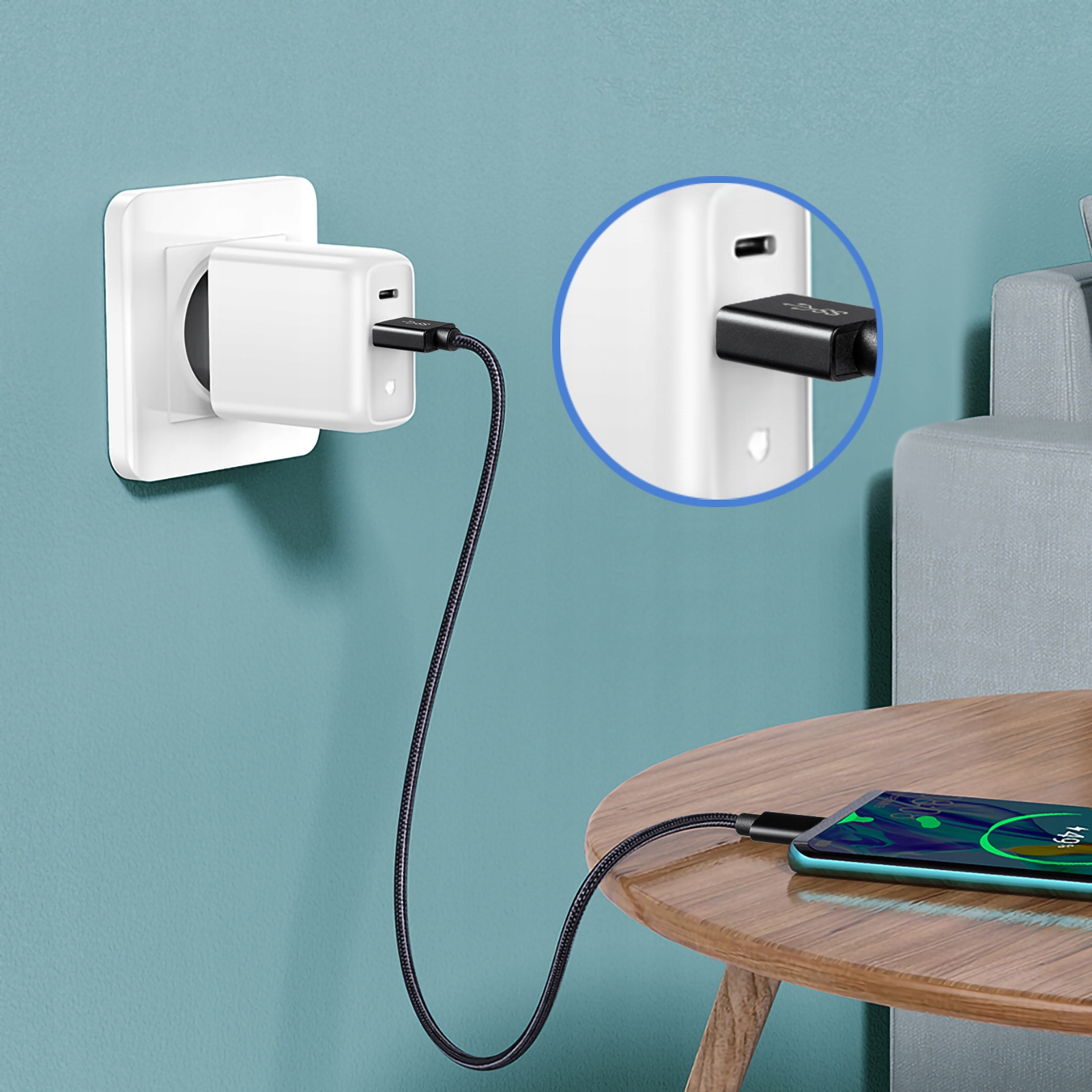 KABEL USB C 1.5M 60W PD QC SZYBKIE ŁADOWANIE MOCNY DO TELEFONU CZARNY DEKO