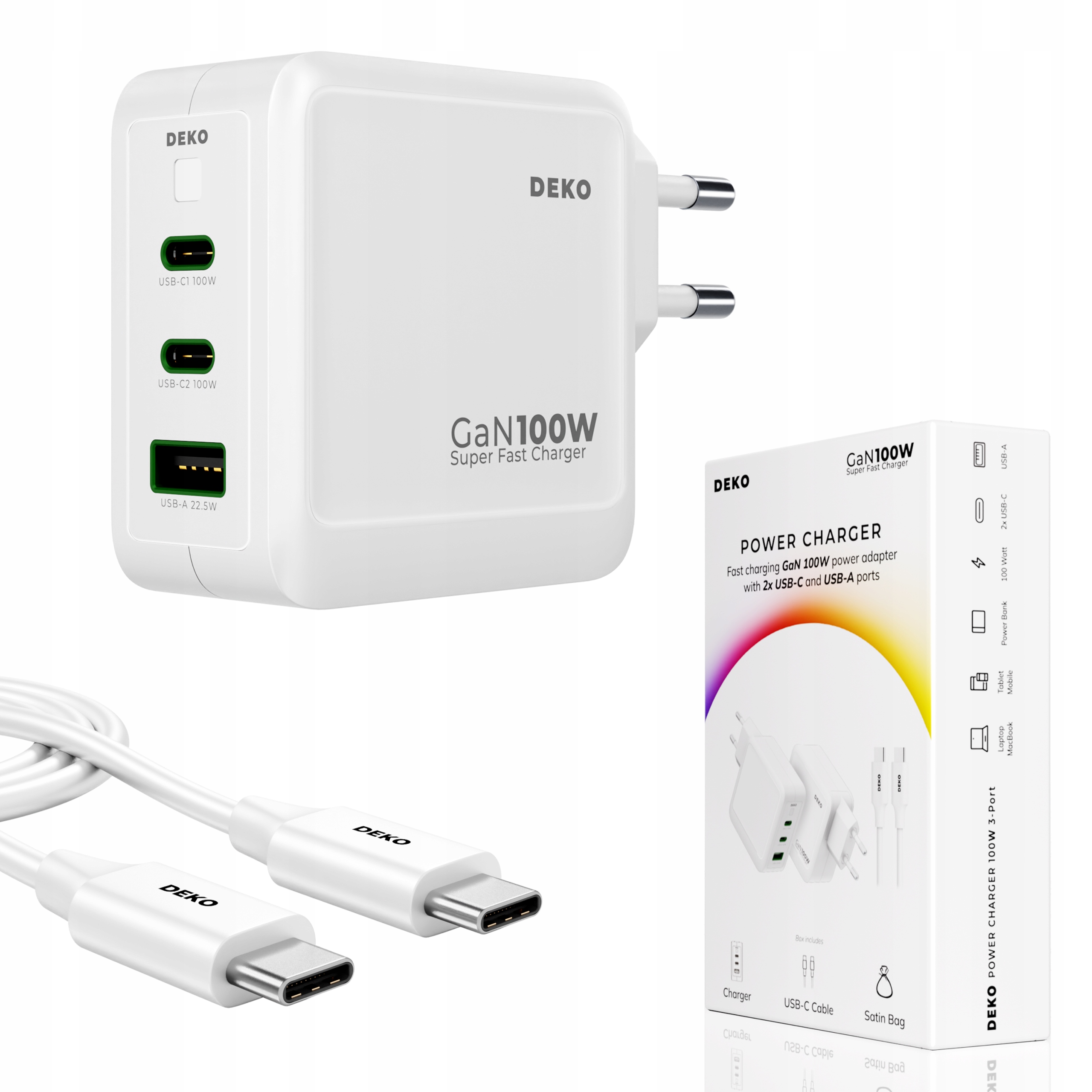 SZYBKA ŁADOWARKA USB C UNIWERSALNA 3x USB 100W TYP C + KABEL USB C 100W