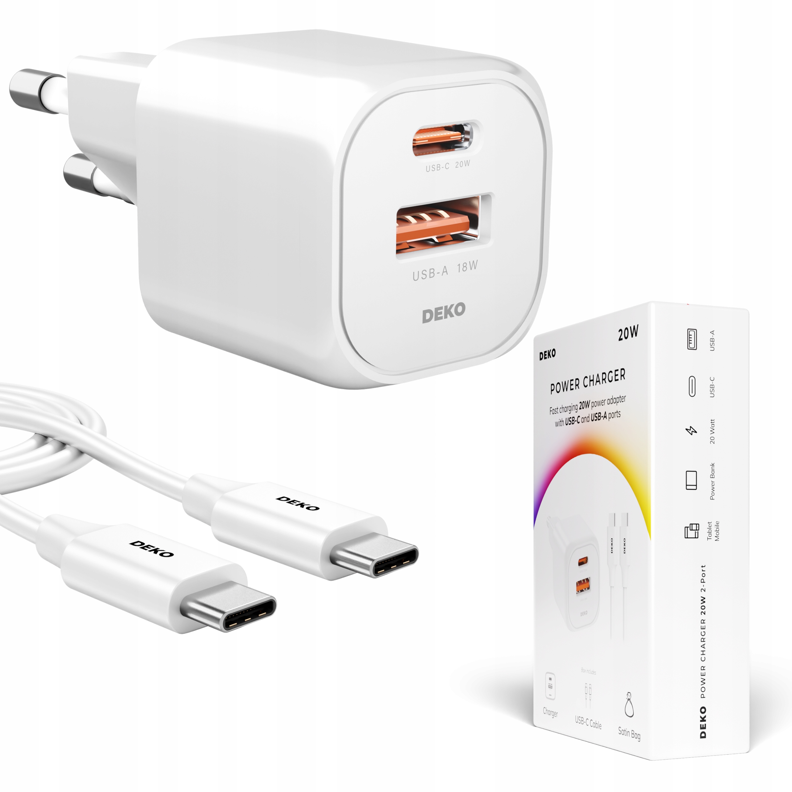 SZYBKA ŁADOWARKA USB C DO TELEFONU UNIWERSALNA 20W + KABEL USB C 100W BIAŁA