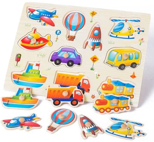Puzzle drewniane Bigtoys pojazdy 10 elementów z uchwytami