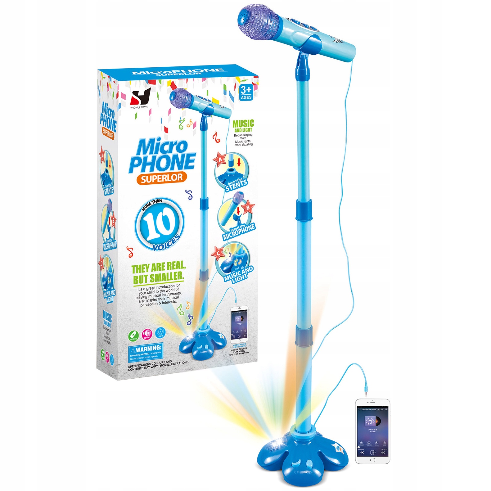 MIKROFON Stojący Karaoke Statyw Światło Dźwięk AUX Regulowany 3+