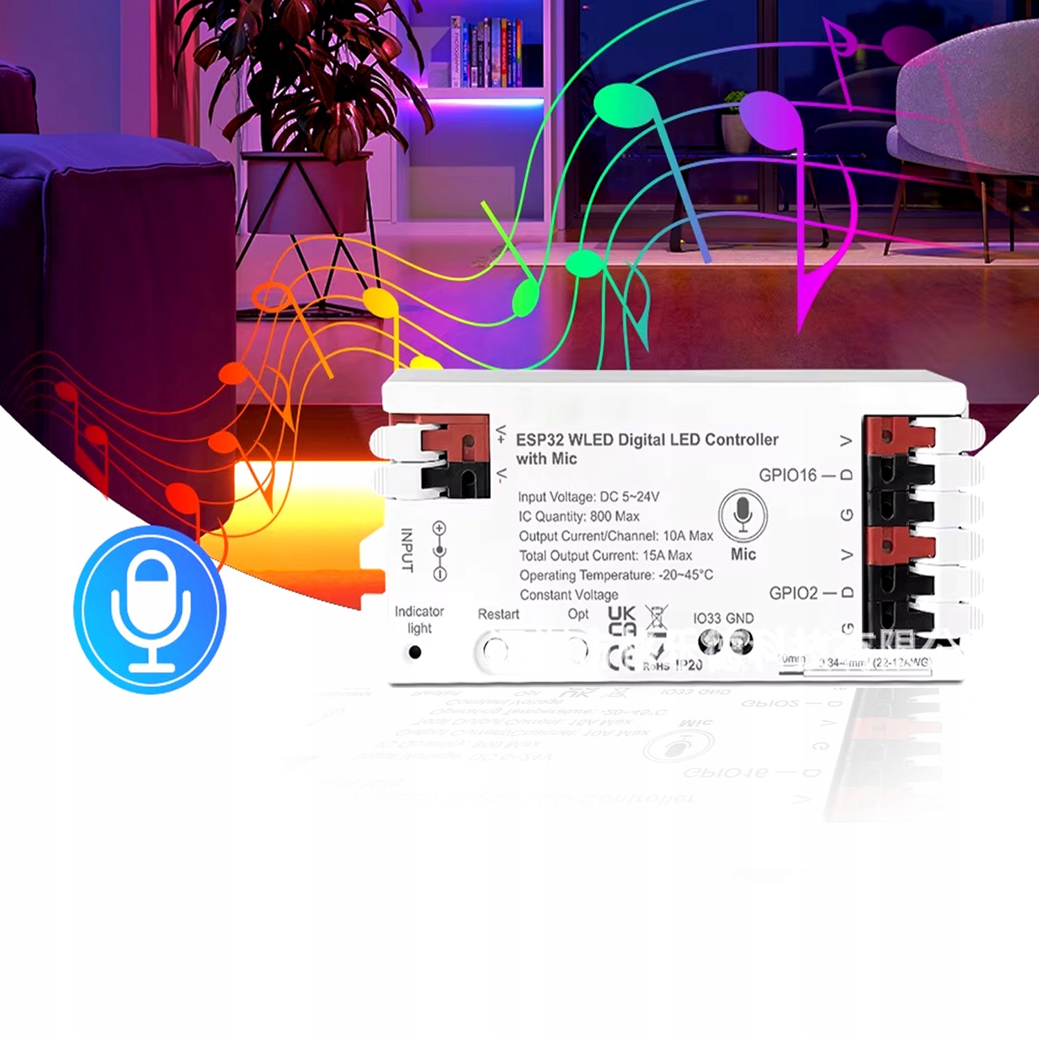 Kontroler WLED RGBIC ESP32 5~24V 15A WiFi Mikrofonem GLEDOPTO