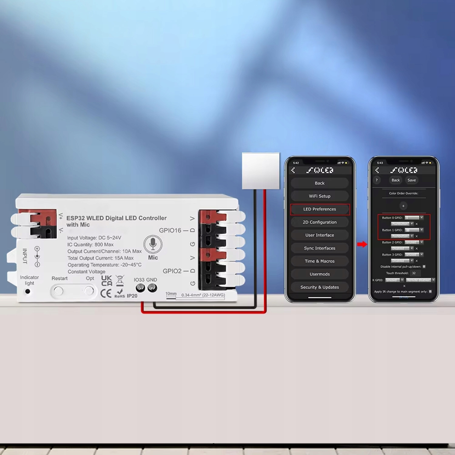 Kontroler WLED RGBIC ESP32 5~24V 15A WiFi Mikrofonem GLEDOPTO