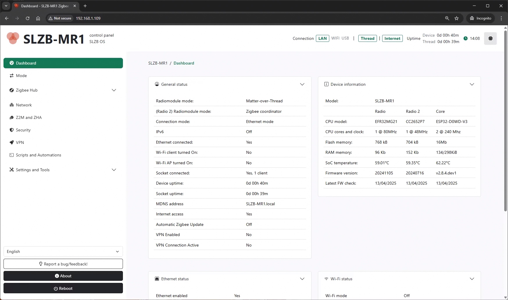 Adapter SLZB-MR1 ZigBee Thread Multiradio CC2652P7 EFR32MG21 PoE WiFi LAN