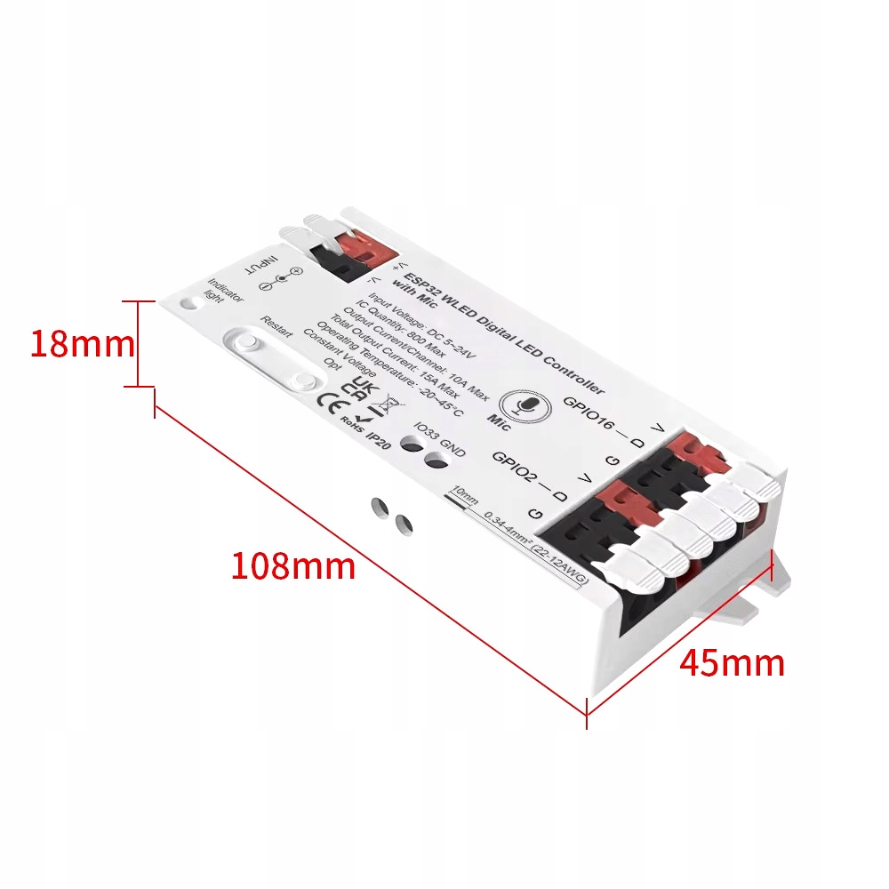 Kontroler WLED RGBIC ESP32 5~24V 15A WiFi Mikrofonem GLEDOPTO