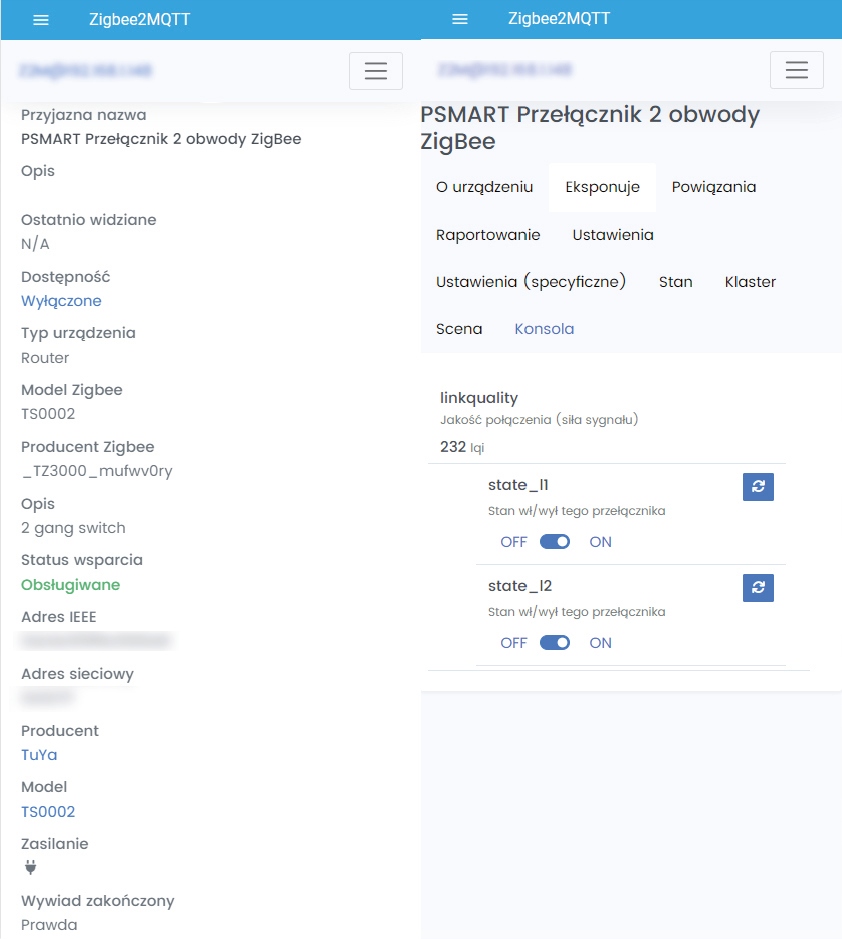Przełącznik Włącznik 2 Obwody ZigBee TUYA Przycisk PSMART Biały