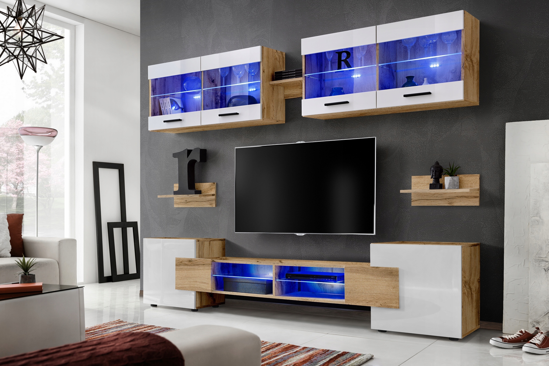 Pan Igiełka - Meblościanka do Salonu LED Dąb Wotan Biały, Zestaw Mebli