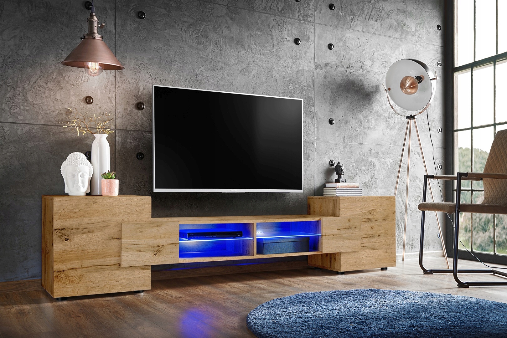 Pan Igiełka - Meblościanka do Salonu LED Dąb Wotan, Zestaw Mebli