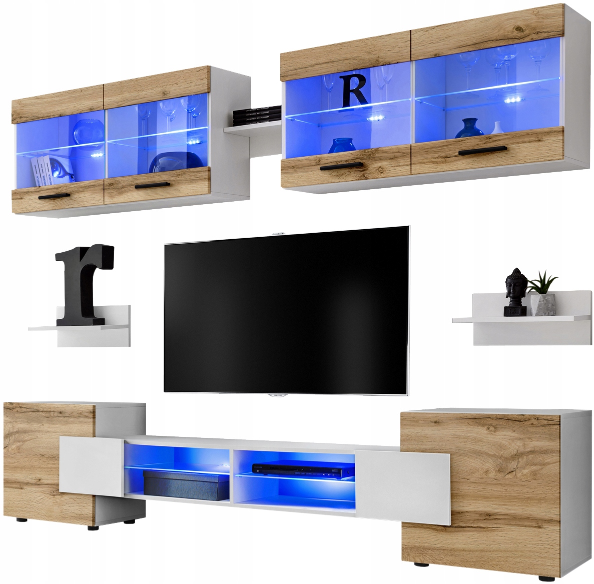 Pan Igiełka - Meblościanka do Salonu LED Biały Dąb Wotan, Zestaw Mebli
