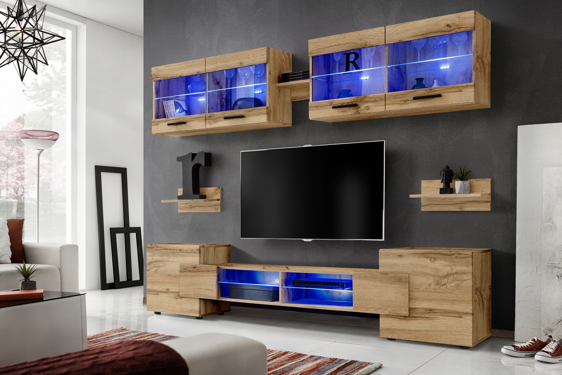 Pan Igiełka - Meblościanka do Salonu LED Dąb Wotan, Zestaw Mebli
