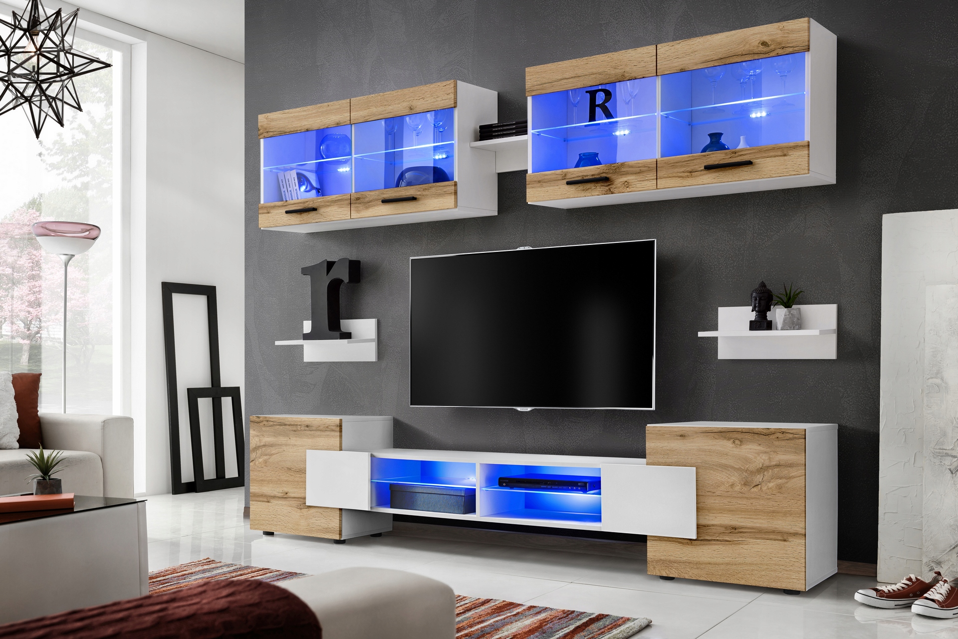 Pan Igiełka - Meblościanka do Salonu LED Biały Dąb Wotan, Zestaw Mebli
