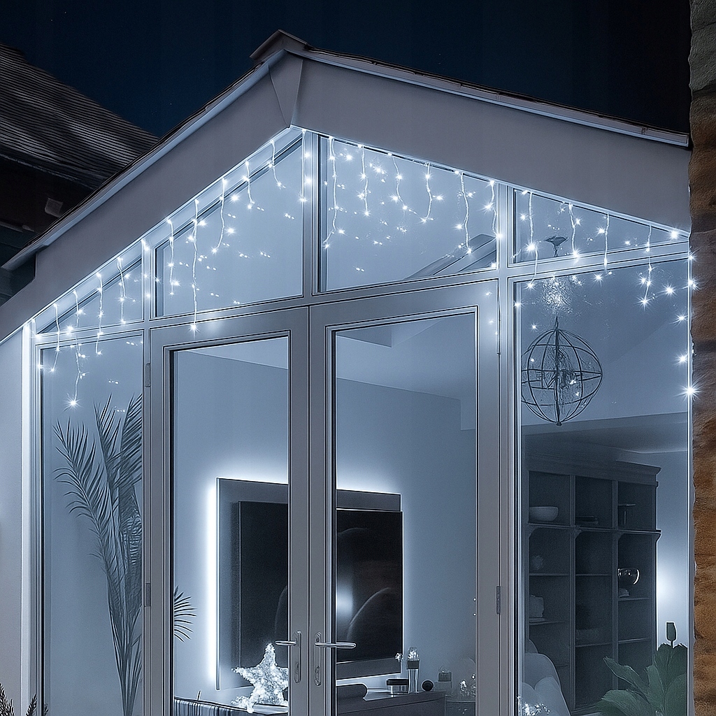 Kurtyna 200 LED 8,8 m Zimna + Flash Sople Zewnętrzna Gumowy Przewód