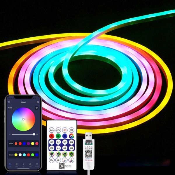 NEON LED 5V DC Aplikacja Bluetooth 5m Muzyczna Taśma LED RGB-IC Pływające