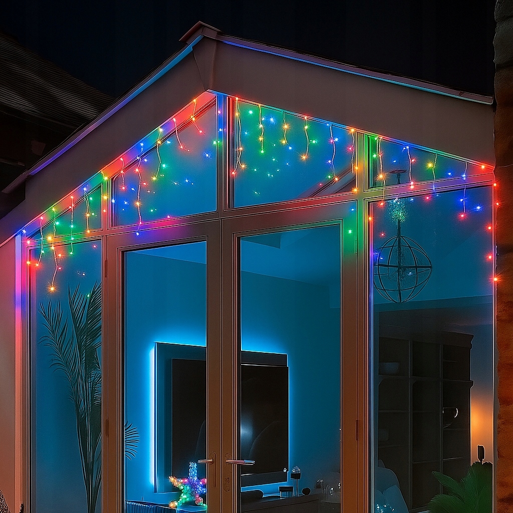 Kurtyna 100 LED 5,3 m Multicolor + Flash Sople Zewnętrzna Gumowy Przewód